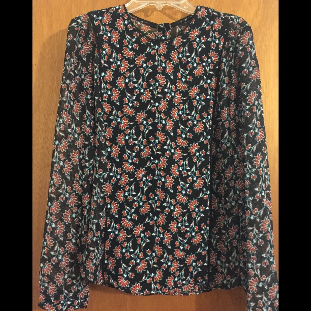 Zara Basic red and navy floral blouse